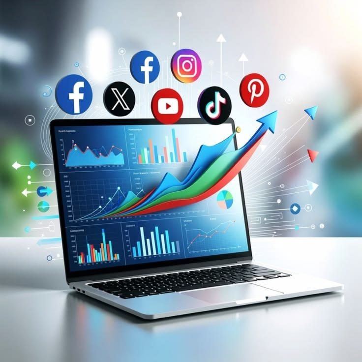 Marketing analytics dashboard on a laptop with social media growth charts